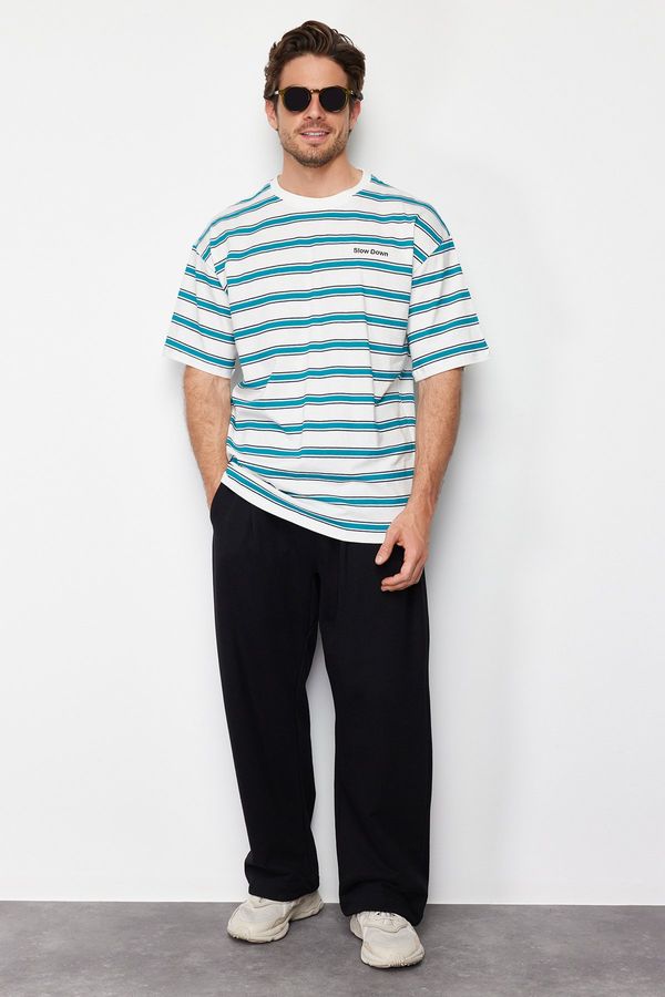 Trendyol Trendyol Green Oversize Embroidered Striped 100% Cotton T-Shirt