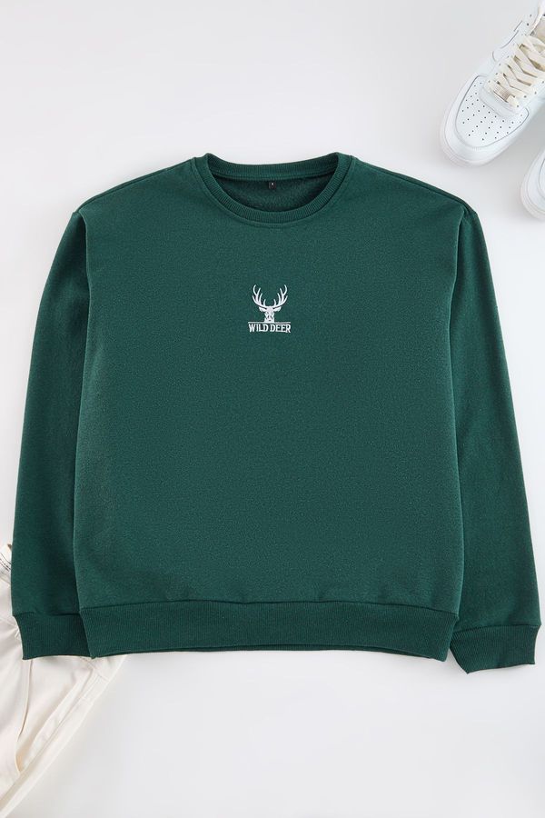 Trendyol Trendyol Green Oversize/Wide Cut Crew Neck Long Sleeve Animal Embroidered Sweatshirt