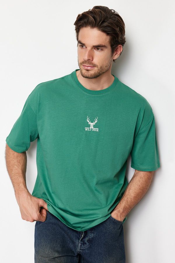 Trendyol Trendyol Green Oversize/Wide Cut Deer Embroidered 100% T-Shirt