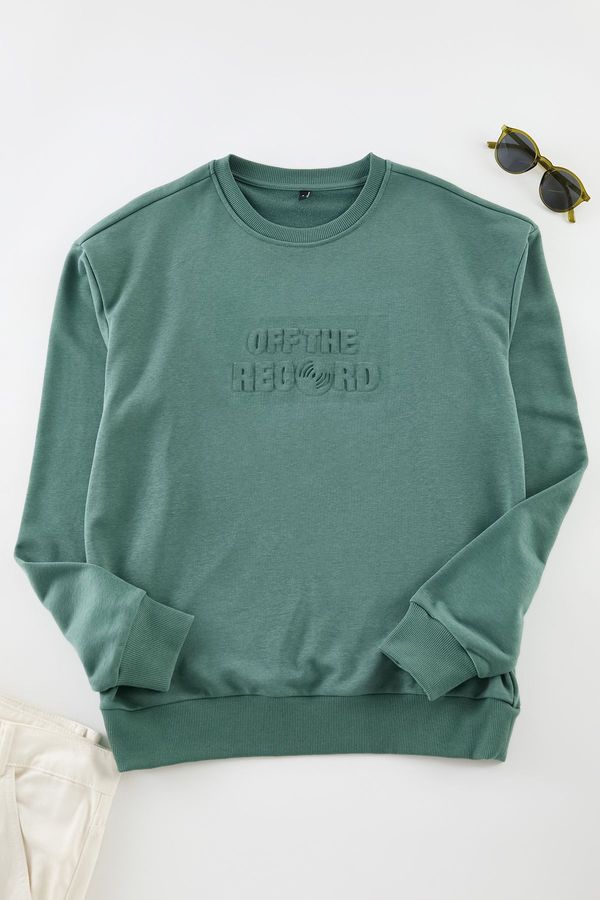 Trendyol Trendyol Green Oversize/Wide Cut Embossed Text Printed Sweatshirt