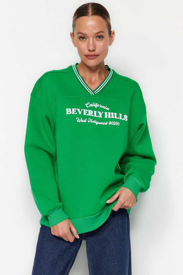 Trendyol Trendyol Green Oversize/Wide Knitwear Detailed Slogan Fleece Knitted Sweatshirt