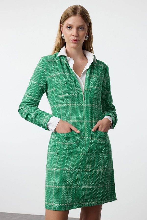 Trendyol Trendyol Green Plaid Zipper and Pocket Detailed Tweed Woven Dress