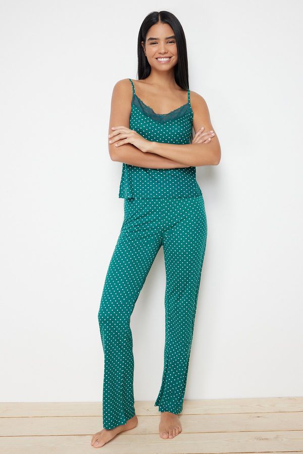 Trendyol Trendyol Green Polka Dot Lace Detailed Rope Strap Viscose Knitted Pajama Set