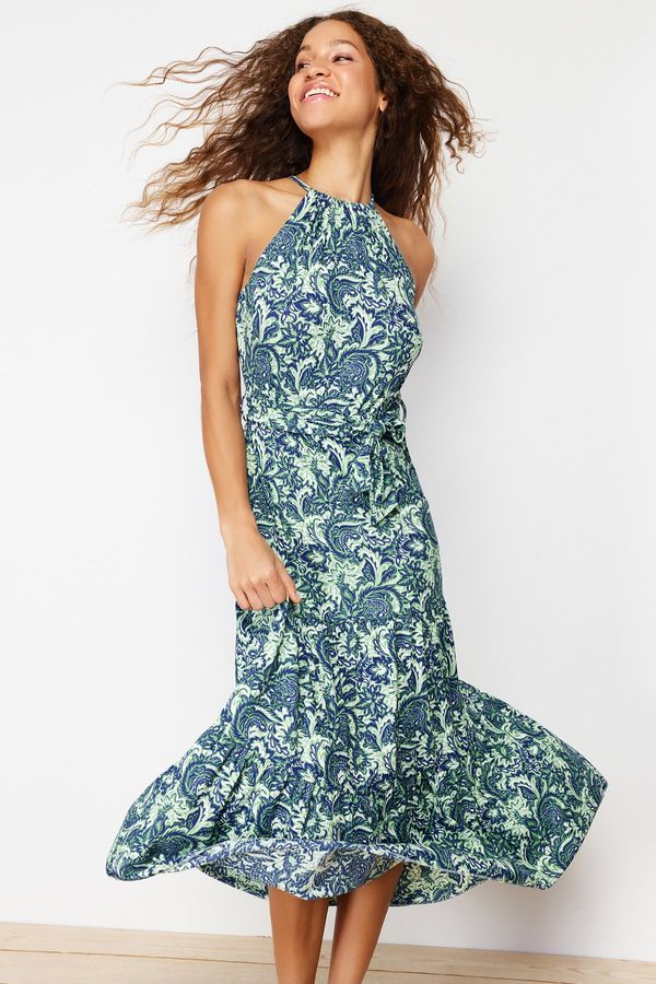 Trendyol Trendyol Green Printed Skater/Water Open Halter Neck Ribbed Elastic Knitted Maxi Dress