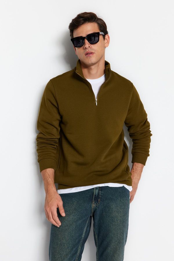 Trendyol Trendyol Green Regular Cut Stand Collar Zippered Cotton Basic Sweatshirt