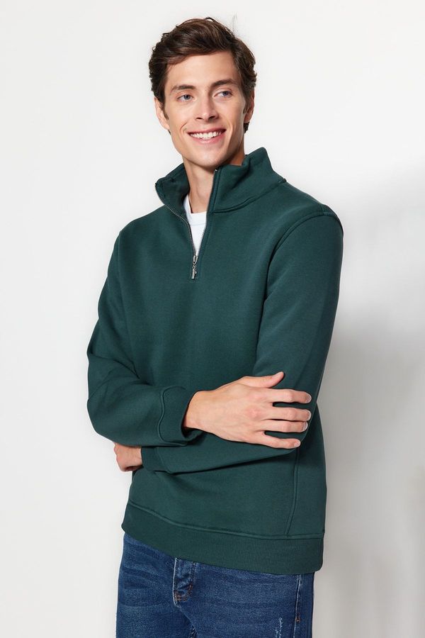 Trendyol Trendyol Green Regular Cut Stand Collar Zippered Cotton Basic Sweatshirt