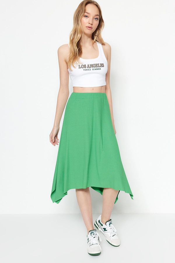 Trendyol Trendyol Green Ruffle Asymmetrical High Waist Midi Stretch Knitted Skirt