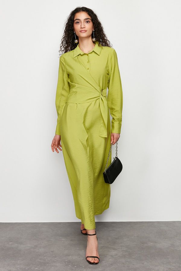 Trendyol Trendyol Green Shirt Collar Waist Tie Detailed Woven Dress