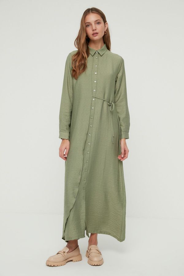 Trendyol Trendyol Green Side Tie Woven Shirt Linen Look Dress