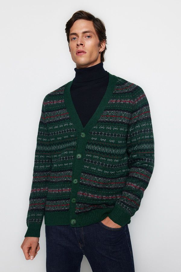 Trendyol Trendyol Green Slim Fit Wool V Neck Jacquard Knitwear Cardigan