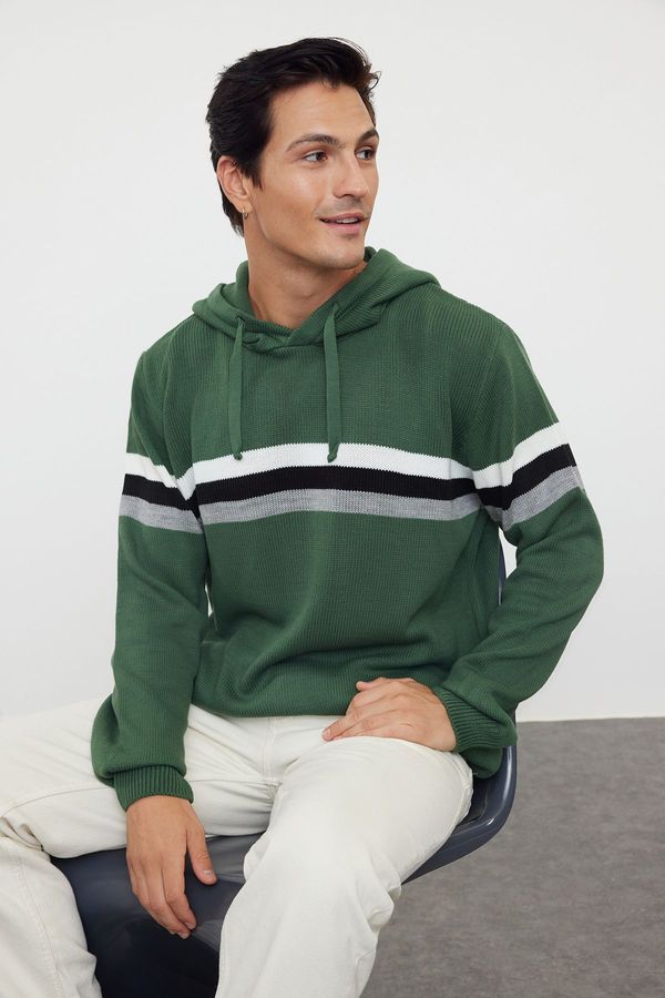 Trendyol Trendyol Green Slim Hooded Striped Knitwear Sweater