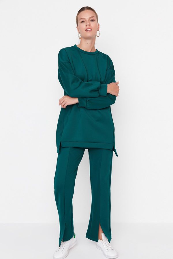 Trendyol Trendyol Green Slit Detailed Scuba Tunic-Pants Knitted Top and Bottom Set