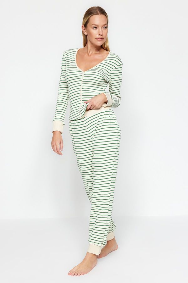 Trendyol Trendyol Green Striped Cuff and Pile Detailed Tshirt- Jogger Knitted Pajamas Set