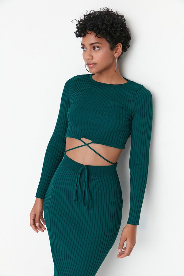 Trendyol Trendyol Green Super Crop Tie Detailed Skirt Knitwear Two Piece Set