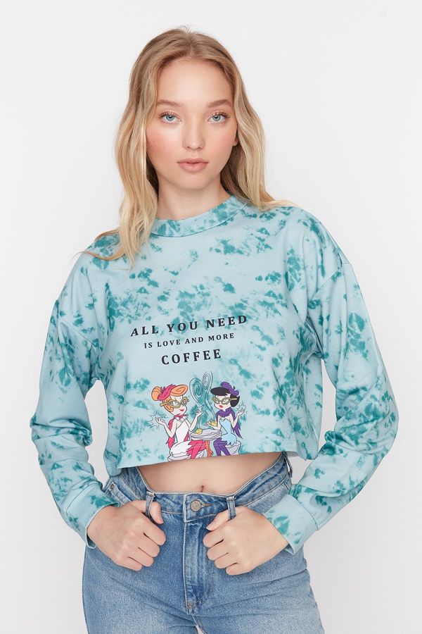 Trendyol Trendyol Green The Flintstones Printed Crop Knitted Sweatshirt