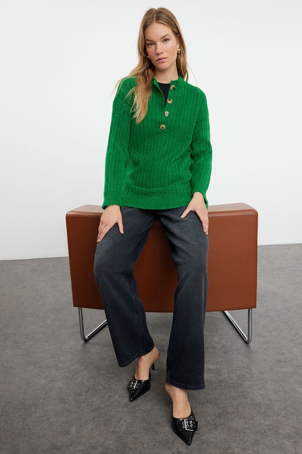 Trendyol Trendyol Green Thessaloniki Knitted Buttoned Soft Textured Knitwear Sweater