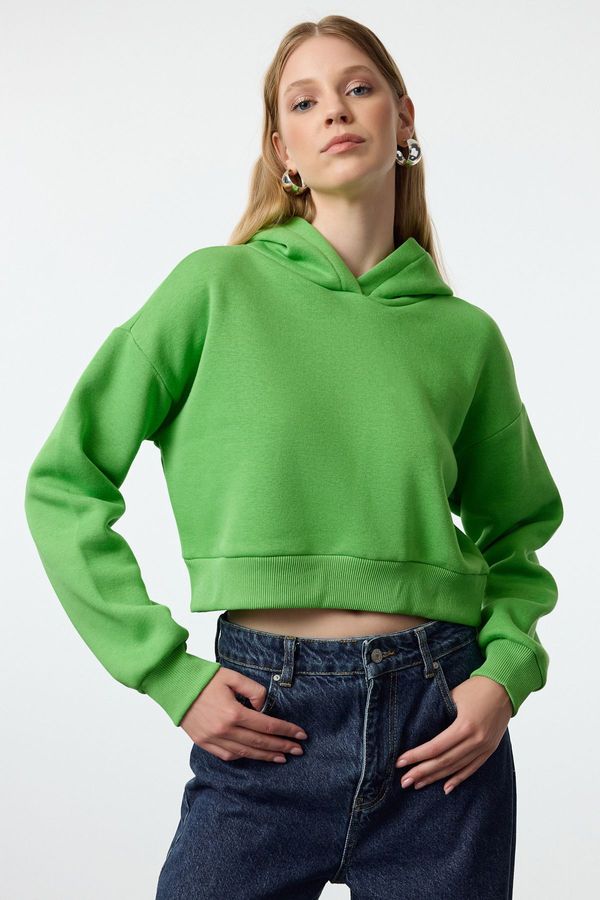 Trendyol Trendyol Green Thick Fleece Hooded Relaxed Cut Crop Knitted Sweatshirt