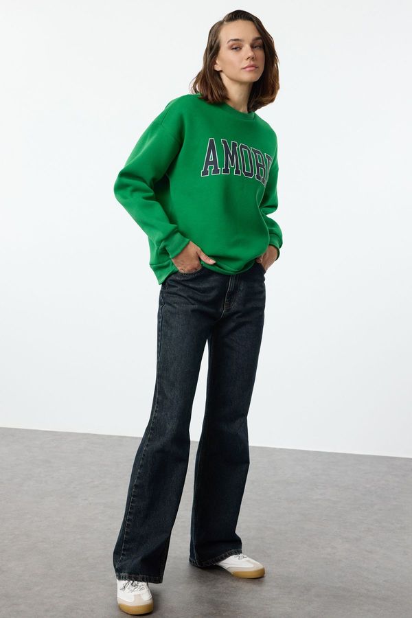 Trendyol Trendyol Green Thick Polar Fleece Oversize/Wide Cut Slogan Embroidered Knitted Sweatshirt