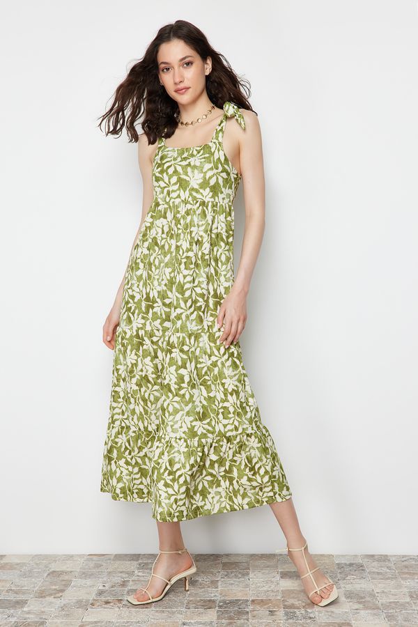 Trendyol Trendyol Green Tie Strap Skirt Ruffled Corduroy Knitted Maxi Dress