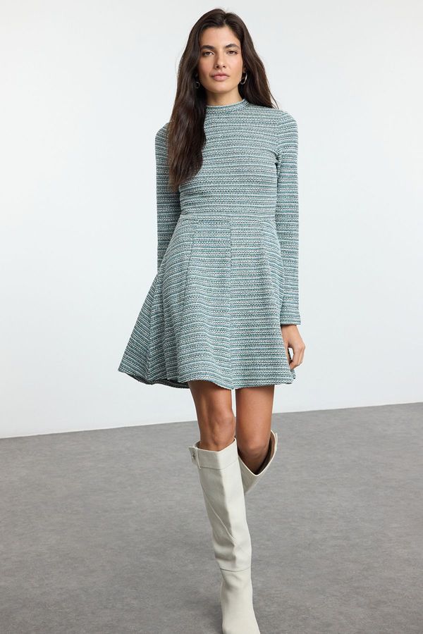 Trendyol Trendyol Green Tweed Crew Neck Skater/Waist Open Flounce Mini Knit Dress