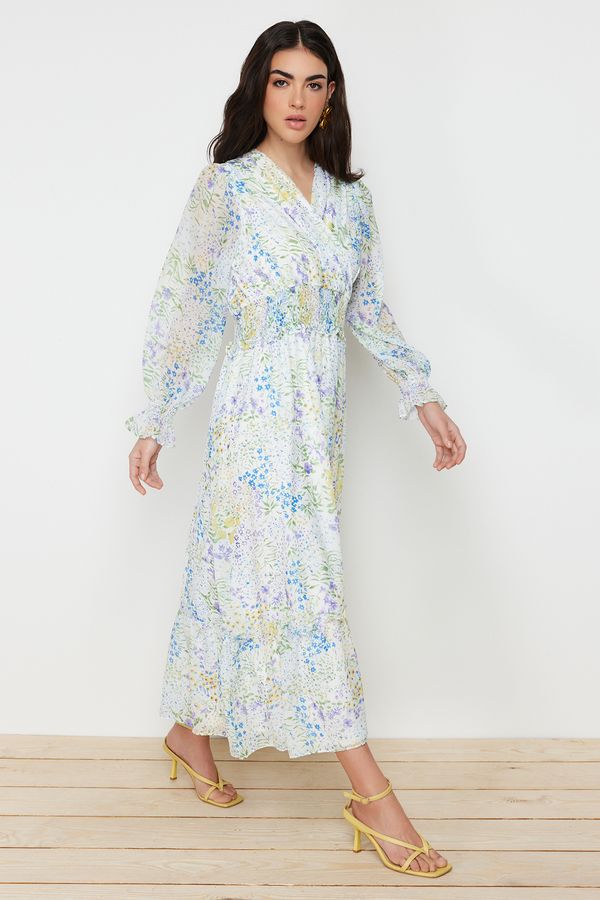 Trendyol Trendyol Green Waist Gimped Lined Floral Woven Dress