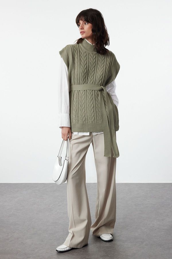 Trendyol Trendyol Green Wide Fit Wool Belted Knitwear Sweater