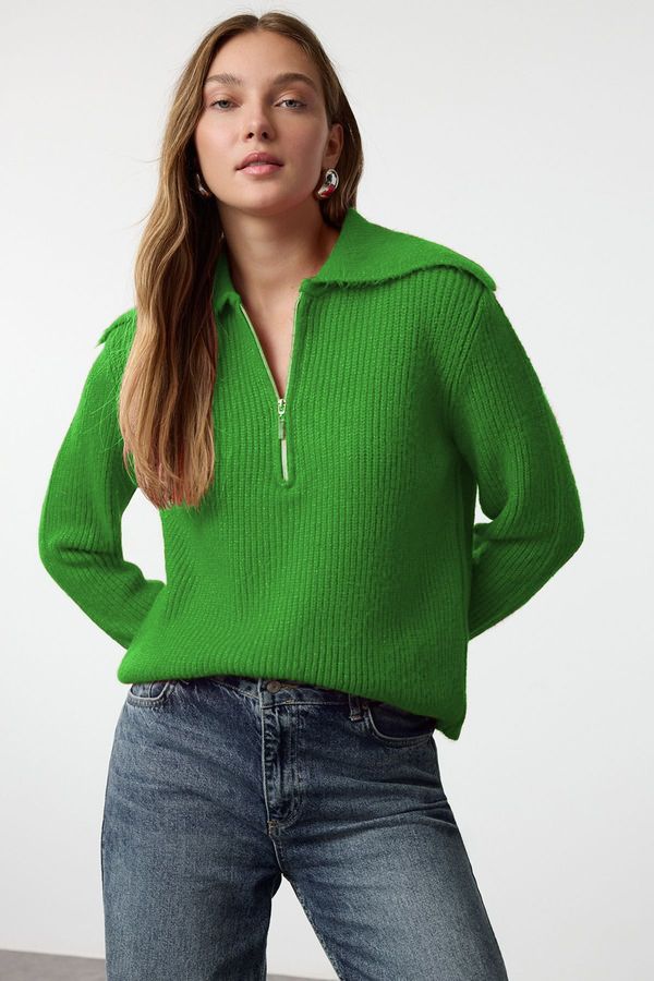 Trendyol Trendyol Green Wool Wide Pattern Turn-down Collar Zippered Knitwear Sweater