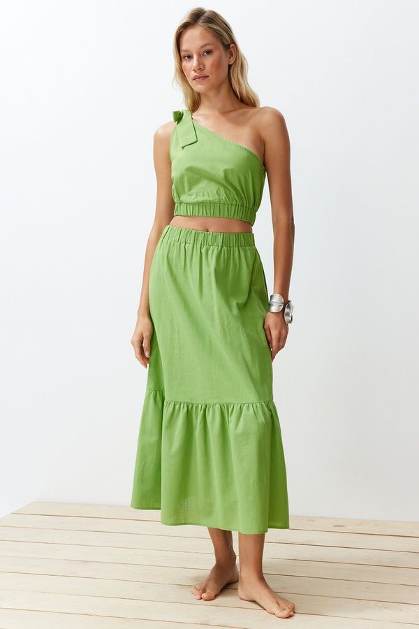 Trendyol Trendyol Green Woven One-Shoulder Blouse and Skirt Suit