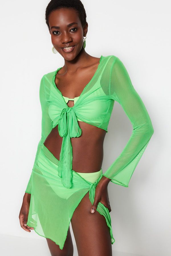 Trendyol Trendyol Green Woven Tie Mesh Blouse and Skirt Set