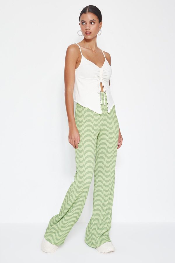 Trendyol Trendyol Green Wrinkled Wide Leg/Relaxed Cut High Waist Knitted Trousers