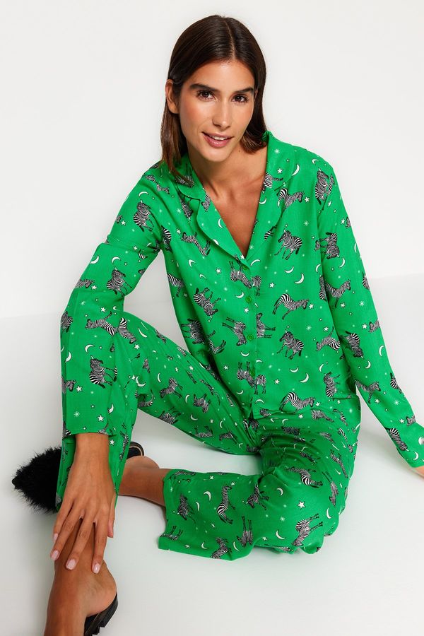 Trendyol Trendyol Green Zebra Patterned Viscose Shirt-Pants Woven Pajama Set