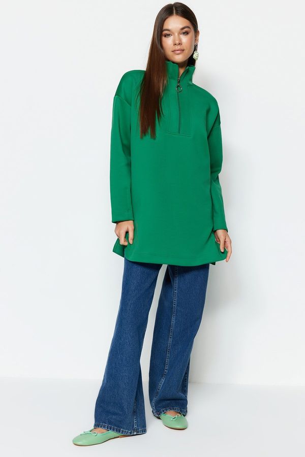 Trendyol Trendyol Green Zipper Detail Diver/Scuba Plain Knit Sweatshirt