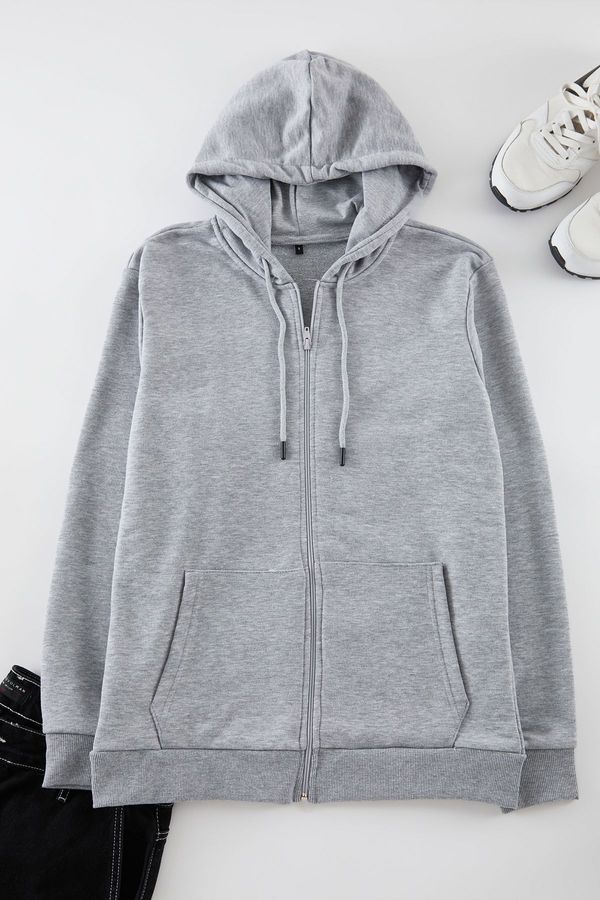 Trendyol Trendyol Grey Basic Hooded Regular/Normal Cut Zippered Sweatshirt