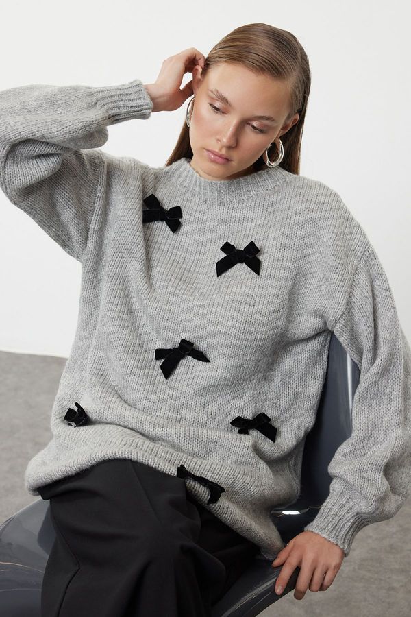 Trendyol Trendyol Grey Bow Detailed Knitwear Sweater