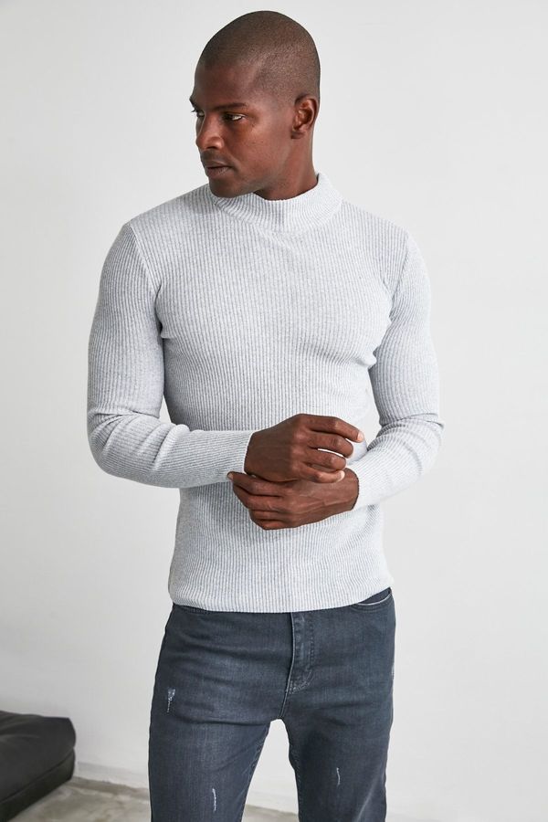 Trendyol Trendyol Grey Fitted Cotton Half Turtleneck Plain Knit Sweater