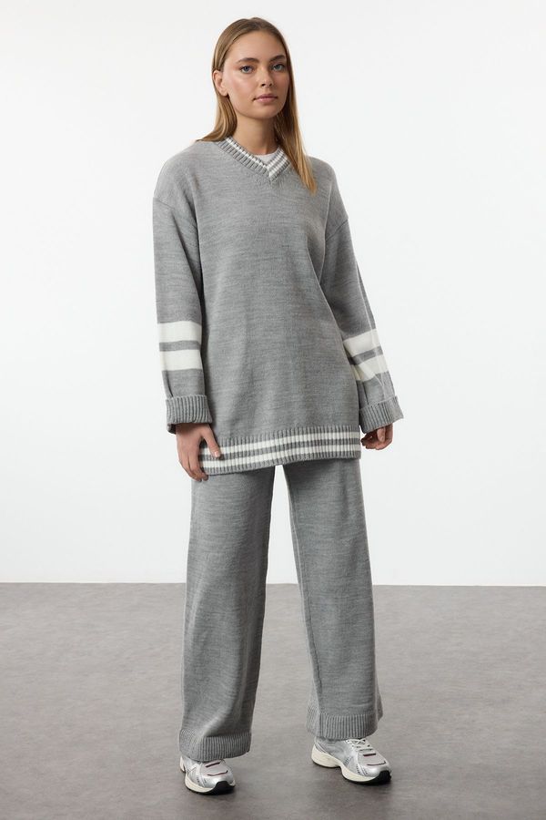 Trendyol Trendyol Grey Melange Color Block Striped Knitwear Top-Bottom Skirt Sweater Set