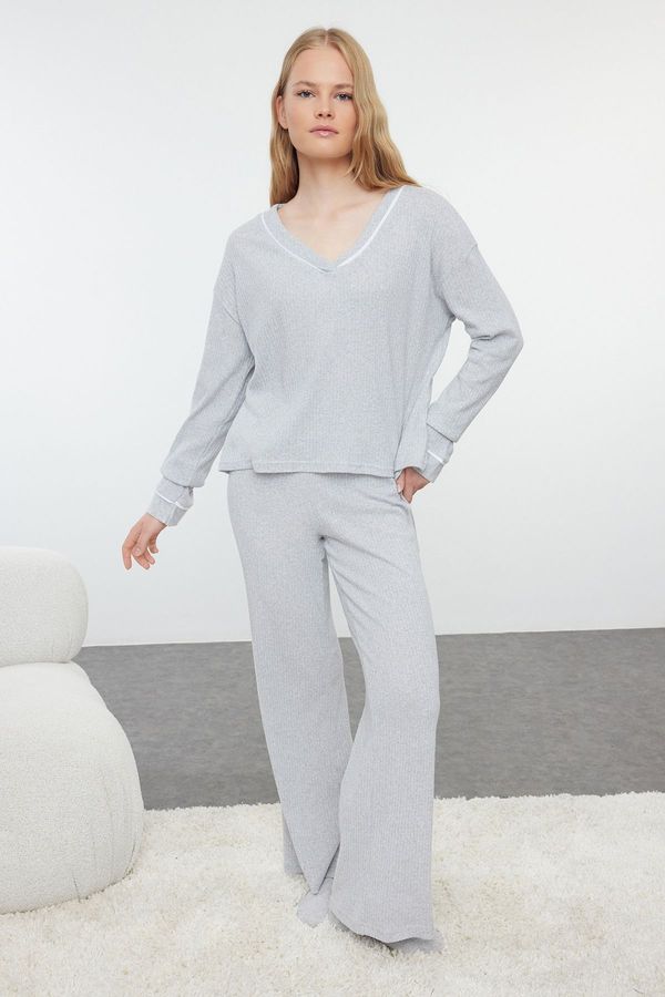 Trendyol Trendyol Grey Melange Piping Detailed Ribbed Knitted Pajama Set