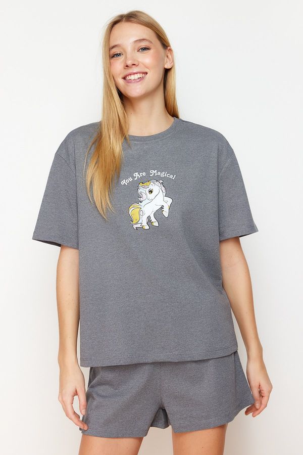 Trendyol Trendyol Grey Melange Printed Knitted Pajama Set