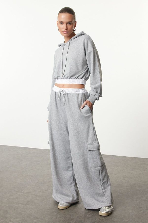 Trendyol Trendyol Grey Melange Wide Leg Cargo Pocket Woven Garni Detailed Thick Knitted Sweatpants