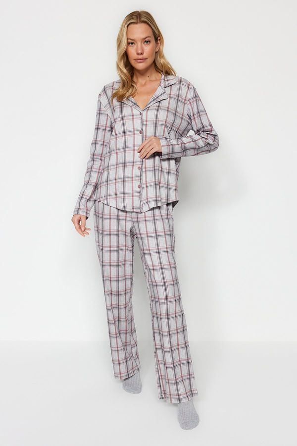 Trendyol Trendyol Grey Multicoloured 100% Cotton Brushed Plaid Shirt-Pants Knitted Pajama Set