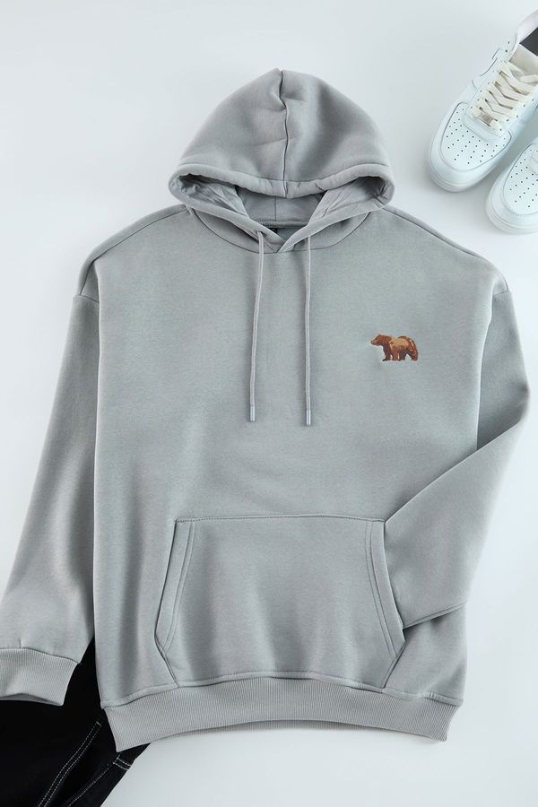 Trendyol Trendyol Grey Oversize/Wide Cut Hooded Animal Embroidered Fleece Inside Sweatshirt