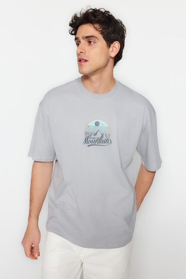 Trendyol Trendyol Grey Oversize/Wide Cut Landscape-Text Printed 100% Cotton Short Sleeve T-Shirt