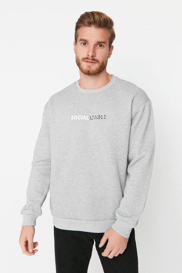 Trendyol Trendyol Grey Oversize/Wide Cut Slogan Printed Polar Fleece Inside/Warm Sweatshirt