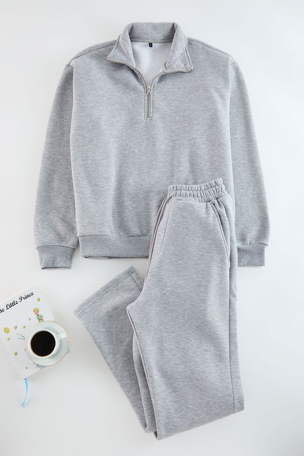 Trendyol Trendyol Grey Oversize/Wide Cut Stand Collar Zippered Tracksuit