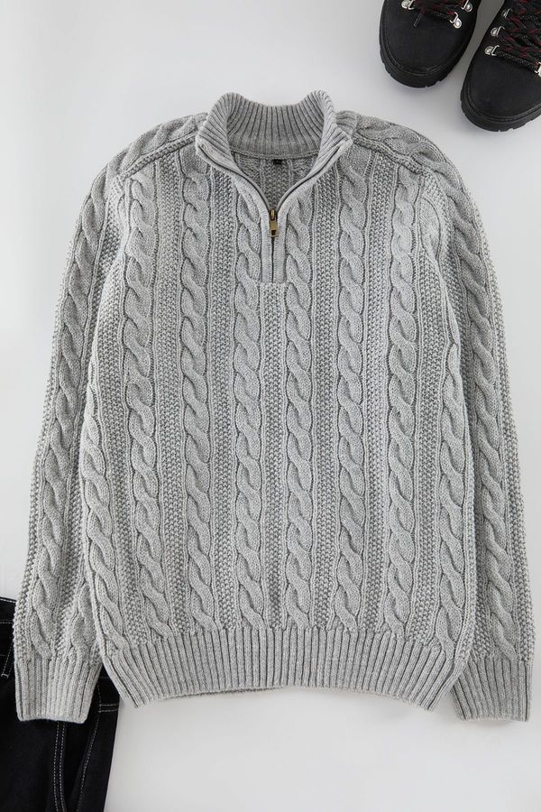 Trendyol Trendyol Grey Unisex Zippered Half Turtleneck Knit Sweater