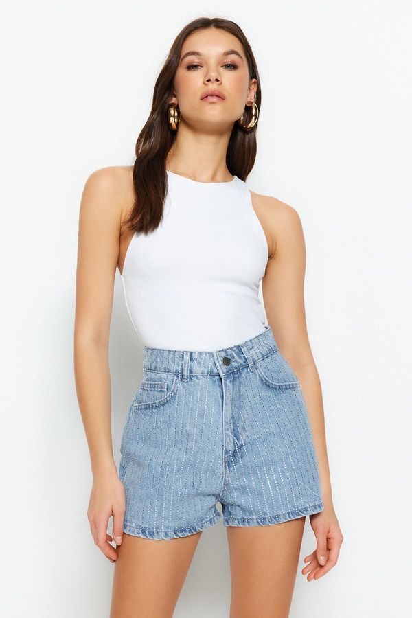 Trendyol Trendyol High Waist Denim Shorts With Blue Stones