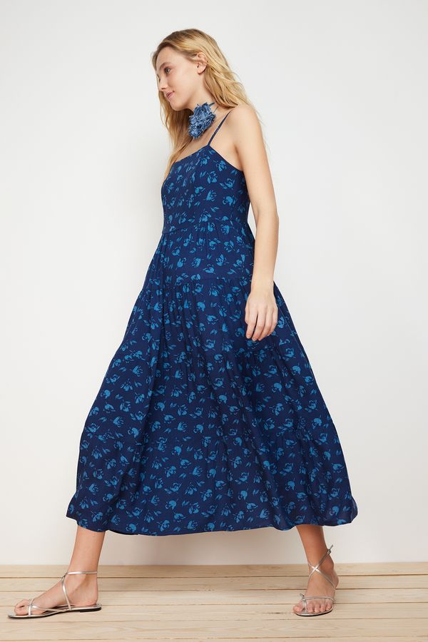 Trendyol Trendyol Indigo A-line Floral Print Strappy Midi Woven Dress