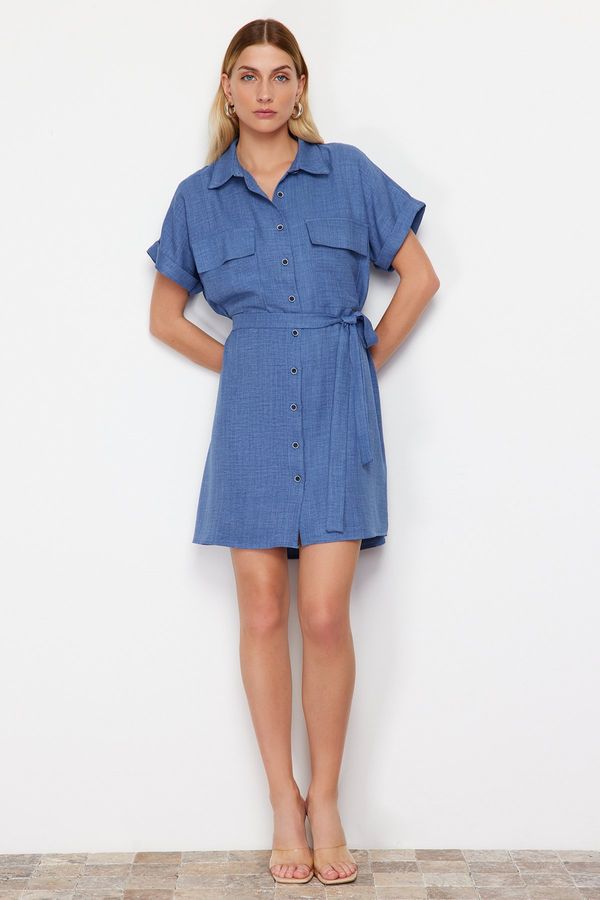 Trendyol Trendyol Indigo Belted Pocket Detailed Woven Mini Shirt Dress