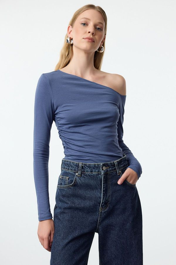 Trendyol Trendyol Indigo Boat Neck Off Shoulder Gathered Fitted Cotton Stretch Knitted Blouse