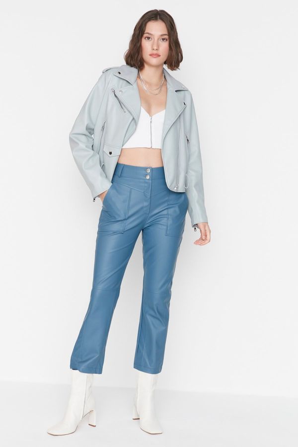 Trendyol Trendyol indigo cigaratte tkane hlače iz umetnega usnja